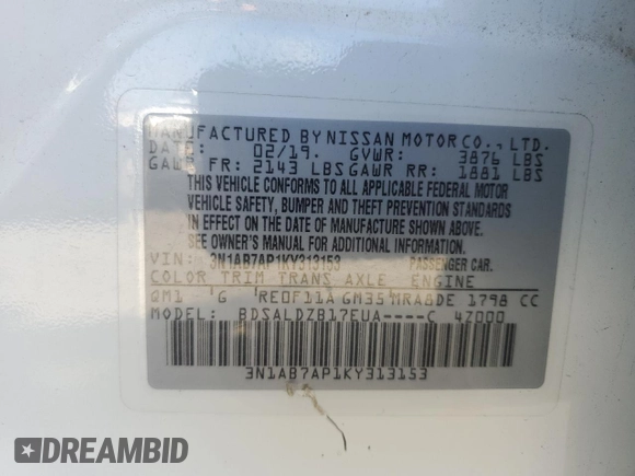 2019 Nissan Sentra SV z VIN 3N1AB7AP1KY313153, wystawiony jako Copart lot #53393725 z przebiegiem 53 203 mil mil oraz Szkoda całkowita • Salvage title. Historia ofert i sprzedaży dostępna na DreamBid. Obrazek 12.