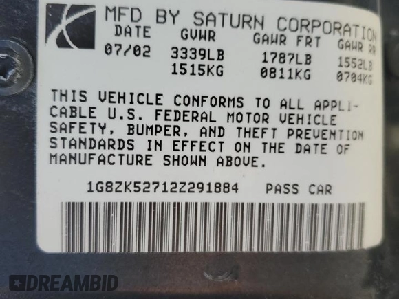 2002 Saturn SL with VIN 1G8ZK52712Z291884, listed as a Copart auction lot 66075874 with 62,275 mi miles and Salvage Title. Bid and sale history available at carsss.com. Image 12.