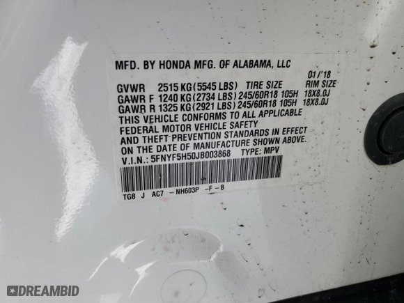 2018 Honda Pilot EX-L with VIN 5FNYF5H50JB003868, listed as a Copart auction lot 43184505 with 108,501 mi miles and Salvage Title. Bid and sale history available at carsss.com. Image 14.