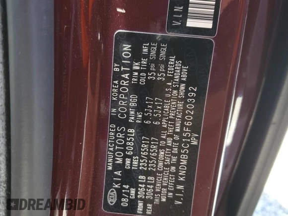2015 Kia Sedona LX with VIN KNDMB5C15F6020392, listed as a Copart auction lot 49422195 with 176,461 mi miles and Salvage Title. Bid and sale history available at carsss.com. Image 16.