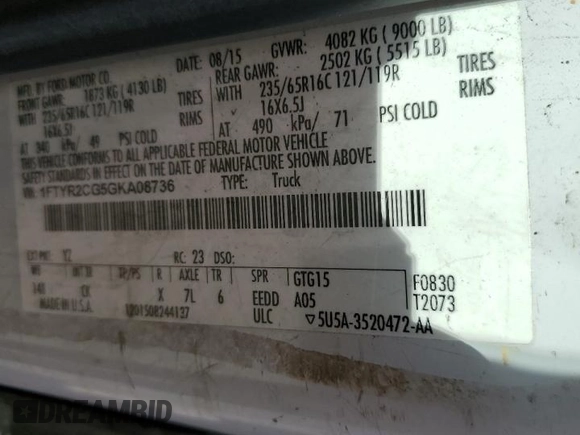 2016 Ford Transit Cargo with VIN 1FTYR2CG5GKA08736, listed as a Copart auction lot 72430704 with 274,349 mi miles and Salvage title. Bid and sale history available at DreamBid. Image 13.