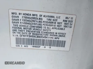 2012 Honda Pilot Touring with VIN 5FNYF3H9XCB035494, listed as a IAAI auction lot 42011362 with 271,887 mi miles and . Bid and sale history available at carsss.com. Image 9.