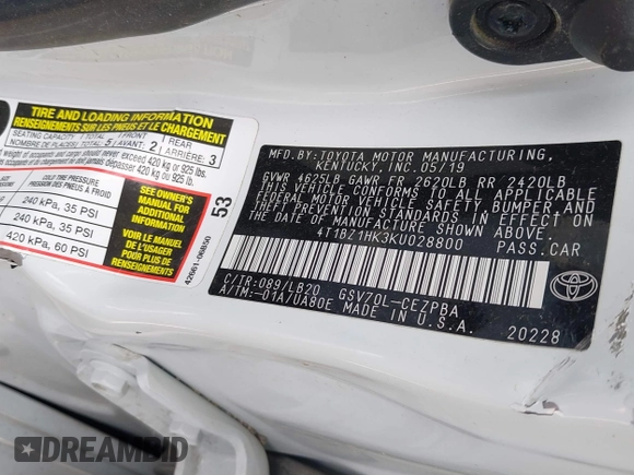 2019 Toyota Camry XSE с VIN 4T1BZ1HK3KU028800, выставлен на аукционе IAAI как лот 41906284 с пробегом Не указан миль и . История ставок и продаж доступна на DreamBid. Изображение 9.