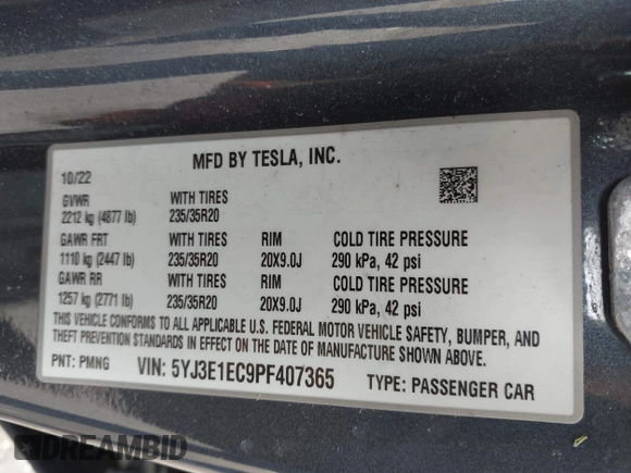 2023 Tesla Model 3 Performance with VIN 5YJ3E1EC9PF407365, listed as a IAAI auction lot 41956915 with 31,087 mi miles. Bid and sale history available at carsss.com. Image 9.