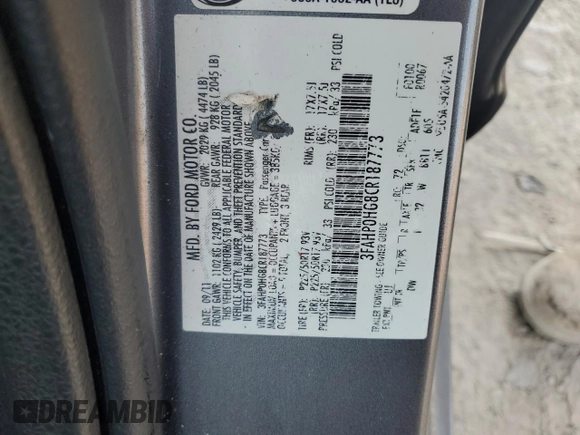 2012 Ford Fusion SE with VIN 3FAHP0HG8CR187773, listed as a Copart auction lot 51839835 with 183,236 mi miles and Clean Title. Bid and sale history available at DreamBid. Image 13.