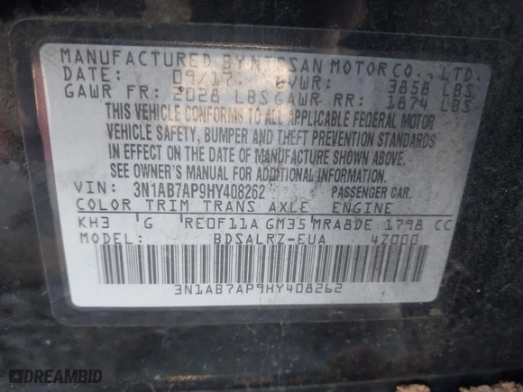 2017 Nissan Sentra SV with VIN 3N1AB7AP9HY408262, listed as a IAAI auction lot 41229209 with 173,444 mi miles. Bid and sale history available at carsss.com. Image 9.