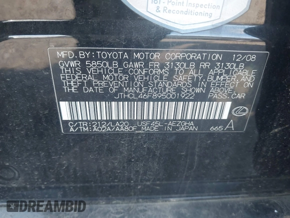 2009 Lexus LS 460 с VIN JTHCL46F895001922, выставлен на аукционе IAAI как лот 42273978 с пробегом Не указан миль и . История ставок и продаж доступна на DreamBid. Изображение 9.