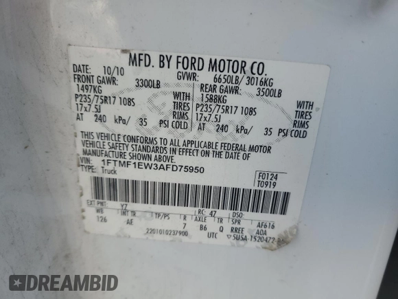 2010 Ford F-150 XL with VIN 1FTMF1EW3AFD75950, listed as a Copart auction lot 42587125 with 137,761 mi miles and Salvage Title. Bid and sale history available at DreamBid. Image 12.