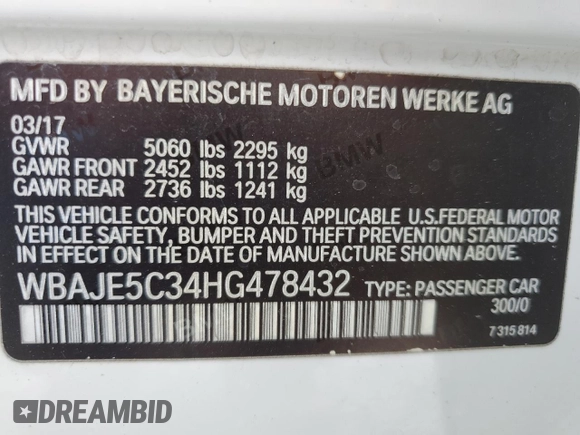2017 BMW 5 Series 540i с VIN WBAJE5C34HG478432, выставлен на аукционе Copart как лот 54985215 с пробегом 199 816 миль миль и Чистый • Clean title. История ставок и продаж доступна на DreamBid. Изображение 12.