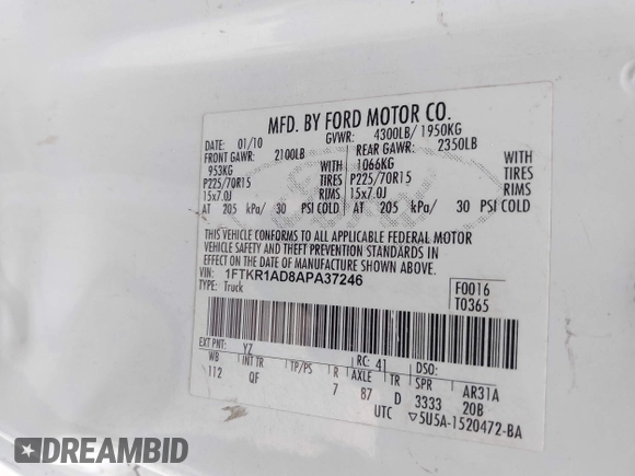 2010 Ford Ranger XL with VIN 1FTKR1AD8APA37246, listed as a IAAI auction lot 42361983 with 166,884 mi miles and . Bid and sale history available at DreamBid. Image 9.