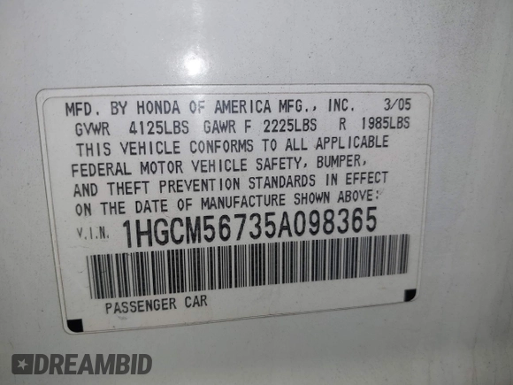 2005 Honda Accord EX with VIN 1HGCM56735A098365, listed as a IAAI auction lot 41916153 with 169,151 mi miles and . Bid and sale history available at DreamBid. Image 9.