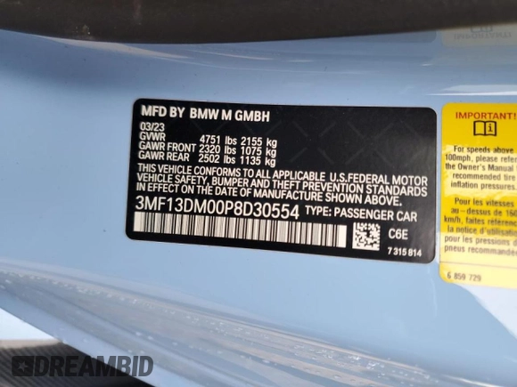 2023 BMW M2 z VIN 3MF13DM00P8D30554, wystawiony jako Copart lot #51641785 z przebiegiem 14 572 mil mil oraz Szkody całkowita. Historia ofert i sprzedaży dostępna na DreamBid. Obrazek 13.