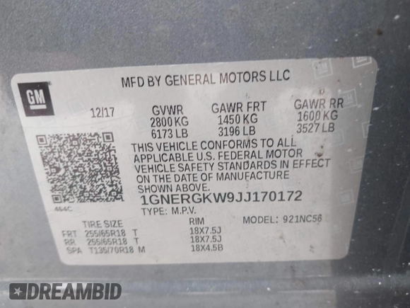 2018 Chevrolet Traverse LT Cloth with VIN 1GNERGKW9JJ170172, listed as a IAAI auction lot 42335139 with 175,417 mi miles and . Bid and sale history available at DreamBid. Image 9.