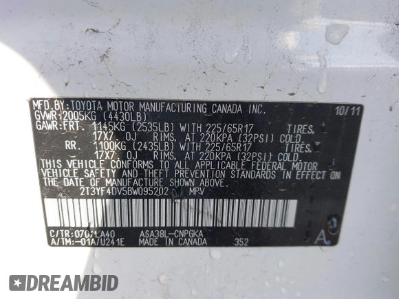 2011 Toyota RAV4 Ltd with VIN 2T3YF4DV5BW095202, listed as a IAAI auction lot 41732448 with 152,257 mi miles. Bid and sale history available at carsss.com. Image 9.
