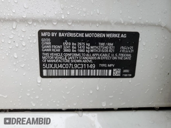 2020 BMW X5 M50i with VIN 5UXJU4C07L9C31149, listed as a Copart auction lot 59241674 with 39,809 mi miles and Non Repairable. Bid and sale history available at carsss.com. Image 14.
