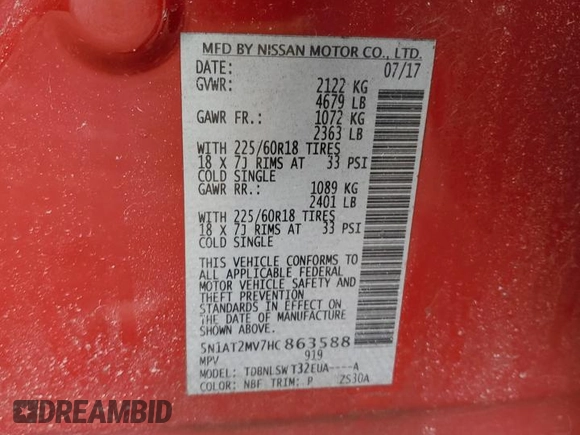 2017 Nissan Rogue S with VIN 5N1AT2MV7HC863588, listed as a Copart auction lot 52952355 with 70,478 mi miles and Salvage Title. Bid and sale history available at carsss.com. Image 13.