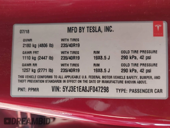 2018 Tesla Model 3 Long Range Battery with VIN 5YJ3E1EA8JF047298, listed as a IAAI auction lot 41403507 with 172,142 mi miles and . Bid and sale history available at DreamBid. Image 9.
