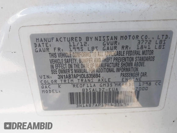 2013 Nissan Sentra SR with VIN 3N1AB7AP1DL635694, listed as a IAAI auction lot 41995144 with 95,037 mi miles and . Bid and sale history available at DreamBid. Image 9.