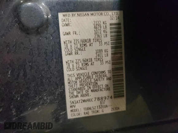 2014 Nissan Rogue SL with VIN 5N1AT2MV4EC788974, listed as a Copart auction lot 52177345 with 172,927 mi miles and Salvage Title. Bid and sale history available at DreamBid. Image 15.