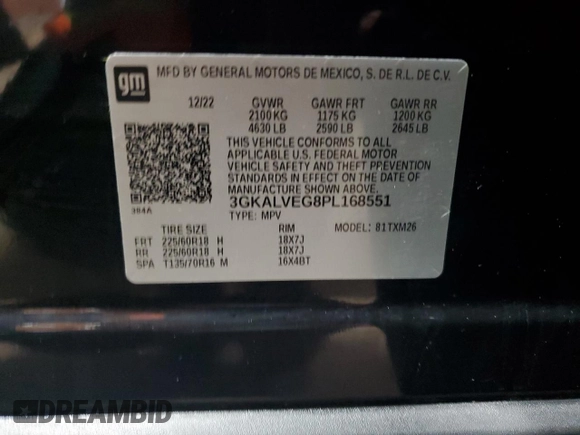 2023 GMC Terrain SLT with VIN 3GKALVEG8PL168551, listed as a Copart auction lot 59562335 with 52,936 mi miles and Clean title. Bid and sale history available at DreamBid. Image 12.