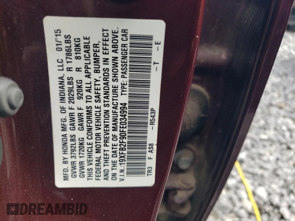 2015 Honda Civic Sedan EX-L with VIN 19XFB2F90FE034994, listed as a Copart auction lot 45046705 with 6,721 mi miles and Salvage Title. Bid and sale history available at carsss.com. Image 12.