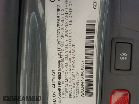 2017 Audi A4 Premium Plus with VIN WAULNAF43HN018857, listed as a Copart auction lot 48876665 with 139,746 mi miles and Salvage Title. Bid and sale history available at carsss.com. Image 13.