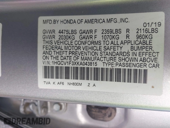 2019 Honda Accord Sport with VIN 1HGCV1F3XKA043815, listed as a IAAI auction lot 41997607 with 91,001 mi miles and . Bid and sale history available at DreamBid. Image 9.