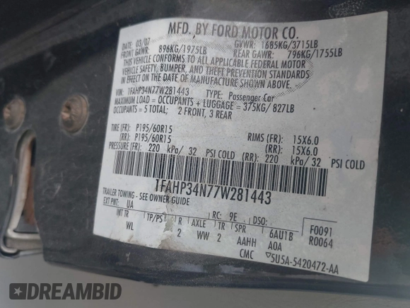 2007 Ford Focus S with VIN 1FAHP34N77W281443, listed as a IAAI auction lot 42693290 with 164,336 mi miles and . Bid and sale history available at DreamBid. Image 9.