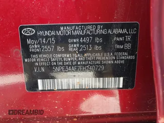 2015 Hyundai Sonata 2.4L Sport with VIN 5NPE34AF7FH240729, listed as a IAAI auction lot 41636930 with 88,446 mi miles. Bid and sale history available at carsss.com. Image 9.