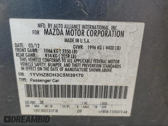 2012 Mazda 6 i Touring with VIN 1YVHZ8DH3C5M39170, listed as a Copart auction lot 49657525 with 268,310 mi miles and Salvage Title. Bid and sale history available at DreamBid. Image 14.