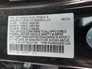 2024 Honda Accord Sport-L with VIN 1HGCY2F72RA077497, listed as a Copart auction lot 54013155 with 13,967 mi miles and Salvage title. Bid and sale history available at DreamBid. Image 12.