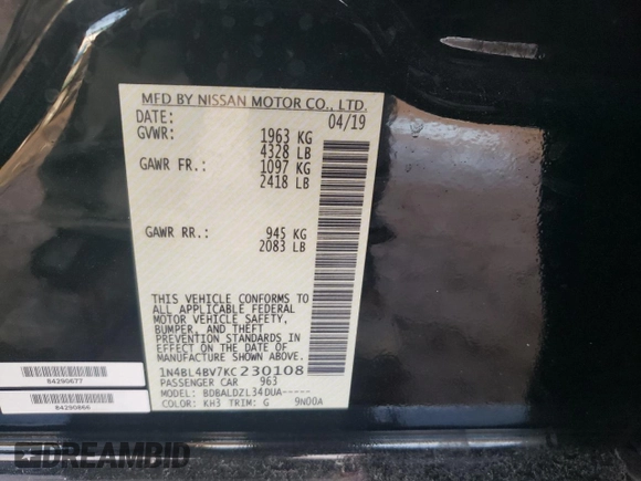 2019 Nissan Altima 2.5 S with VIN 1N4BL4BV7KC230108, listed as a Copart auction lot 41821985 with 121,350 mi miles and Salvage Title. Bid and sale history available at carsss.com. Image 12.