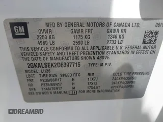 2013 GMC Terrain SLE with VIN 2GKALSEK2D6397715, listed as a IAAI auction lot 42834459 with 82,478 mi miles and . Bid and sale history available at DreamBid. Image 9.