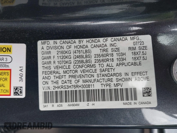 2024 Honda CR-V EX-L with VIN 2HKRS3H76RH300811, listed as a IAAI auction lot 40879908 with 26,586 mi miles and . Bid and sale history available at DreamBid. Image 9.