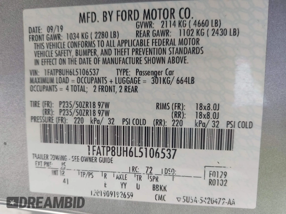2020 Ford Mustang EcoBoost z VIN 1FATP8UH6L5106537, wystawiony jako IAAI lot #42518474 z przebiegiem 86 971 mil mil oraz . Historia ofert i sprzedaży dostępna na DreamBid. Obrazek 9.