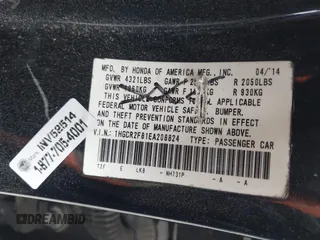 2014 Honda Accord EX-L with VIN 1HGCR2F81EA208824, listed as a IAAI auction lot 42040076 with 177,706 mi miles and . Bid and sale history available at carsss.com. Image 9.