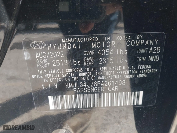 2023 Hyundai Sonata Limited with VIN KMHL34J28PA261498, listed as a IAAI auction lot 41598594 with 50,624 mi miles. Bid and sale history available at carsss.com. Image 9.