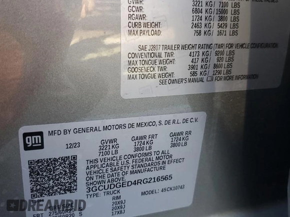 2024 Chevrolet Silverado 1500 LTZ with VIN 3GCUDGED4RG216565, listed as a Copart auction lot 49300325 with 7,703 mi miles and Salvage Title. Bid and sale history available at DreamBid. Image 12.