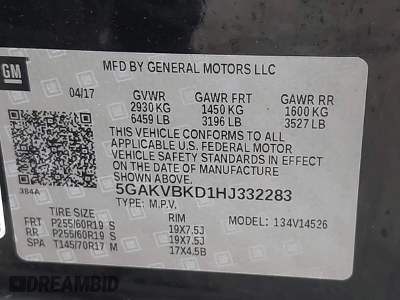 2017 Buick Enclave Leather with VIN 5GAKVBKD1HJ332283, listed as a IAAI auction lot 41897208 with 78,509 mi miles and . Bid and sale history available at DreamBid. Image 9.