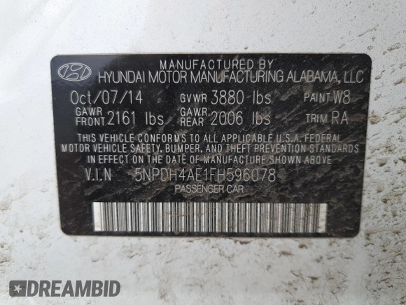2015 Hyundai Elantra SE with VIN 5NPDH4AE1FH596078, listed as a Copart auction lot 52985755 with 95,758 mi miles and Salvage title. Bid and sale history available at DreamBid. Image 14.