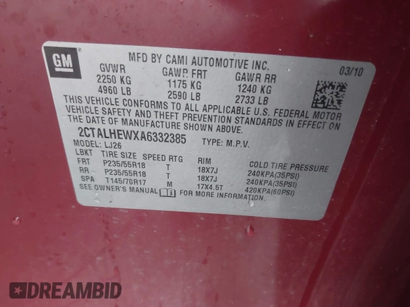 2010 GMC Terrain SLT-2 with VIN 2CTALHEWXA6332385, listed as a IAAI auction lot 41648118 with 162,159 mi miles and . Bid and sale history available at carsss.com. Image 9.