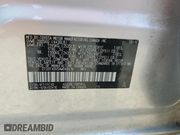 2010 Toyota RAV4 with VIN 2T3ZF4DV5AW048416, listed as a Copart auction lot 62499245 with 186,493 mi miles and Clean title. Bid and sale history available at DreamBid. Image 13.