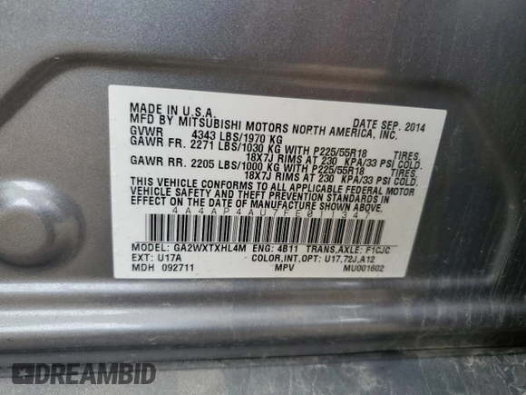 2015 Mitsubishi Outlander SE with VIN 4A4AP4AU7FE011347, listed as a Copart auction lot 61540855 with 161,791 mi miles and Clean title. Bid and sale history available at DreamBid. Image 12.