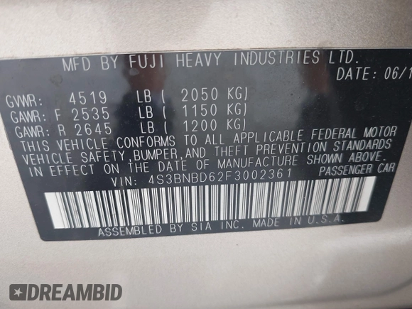 2015 Subaru Legacy Premium with VIN 4S3BNBD62F3002361, listed as a IAAI auction lot 42080885 with 77,759 mi miles and . Bid and sale history available at DreamBid. Image 9.