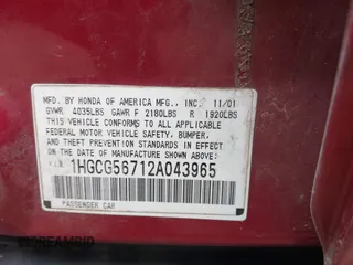 2002 Honda Accord SE z VIN 1HGCG56712A043965, wystawiony jako IAAI lot #42287036 z przebiegiem 342 437 mil mil oraz . Historia ofert i sprzedaży dostępna na DreamBid. Obrazek 9.