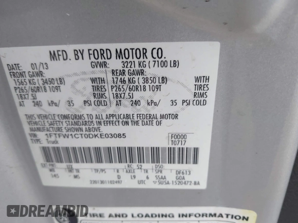 2013 Ford F-150 XL with VIN 1FTFW1CT0DKE03085, listed as a IAAI auction lot 42101522 with 266,770 mi miles and . Bid and sale history available at carsss.com. Image 9.