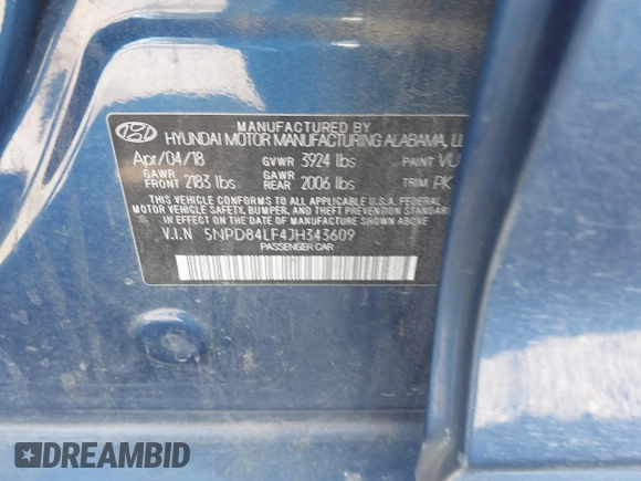 2018 Hyundai Elantra SEL with VIN 5NPD84LF4JH343609, listed as a IAAI auction lot 41754927 with 79,016 mi miles and . Bid and sale history available at DreamBid. Image 9.