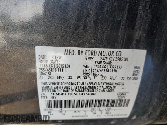 2020 Ford Explorer XLT z VIN 1FMSK8DH5LGB74302, wystawiony jako Copart lot #44644915 z przebiegiem 125 263 mil mil oraz Szkoda całkowita • Salvage title. Historia ofert i sprzedaży dostępna na DreamBid. Obrazek 13.
