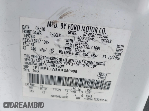 2010 Ford F-150 XL with VIN 1FTMF1CW8AKE50488, listed as a IAAI auction lot 42467473 with 213,987 mi miles and . Bid and sale history available at DreamBid. Image 9.