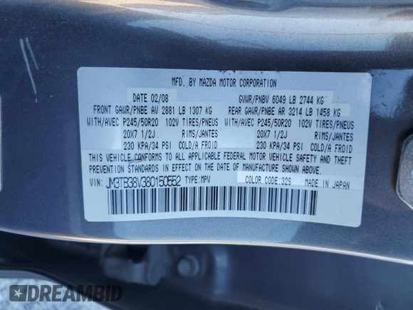 2008 Mazda CX-9 Grand Touring with VIN JM3TB38V380150552, listed as a Copart auction lot 47084455 with 202,016 mi miles and Salvage Title. Bid and sale history available at DreamBid. Image 15.
